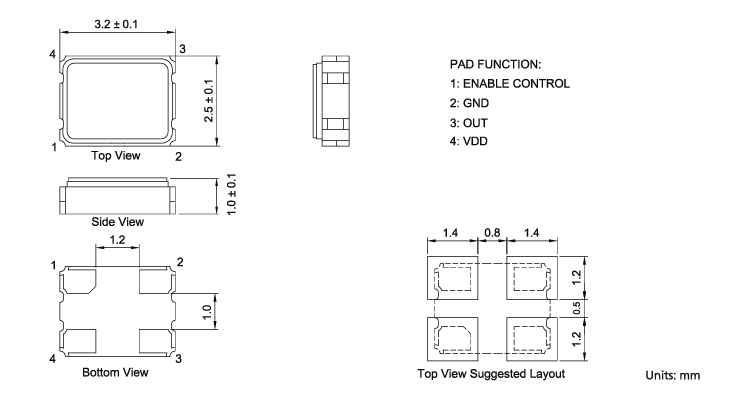 Automotive Grade 3225 Active Crystal Oscillator Dimensions